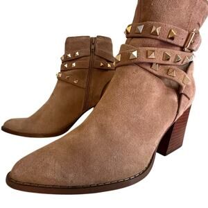Steve Madden Cala Suede Studded Pointed Toe Block Heel Tan Bootie Sz. 9 Y2K